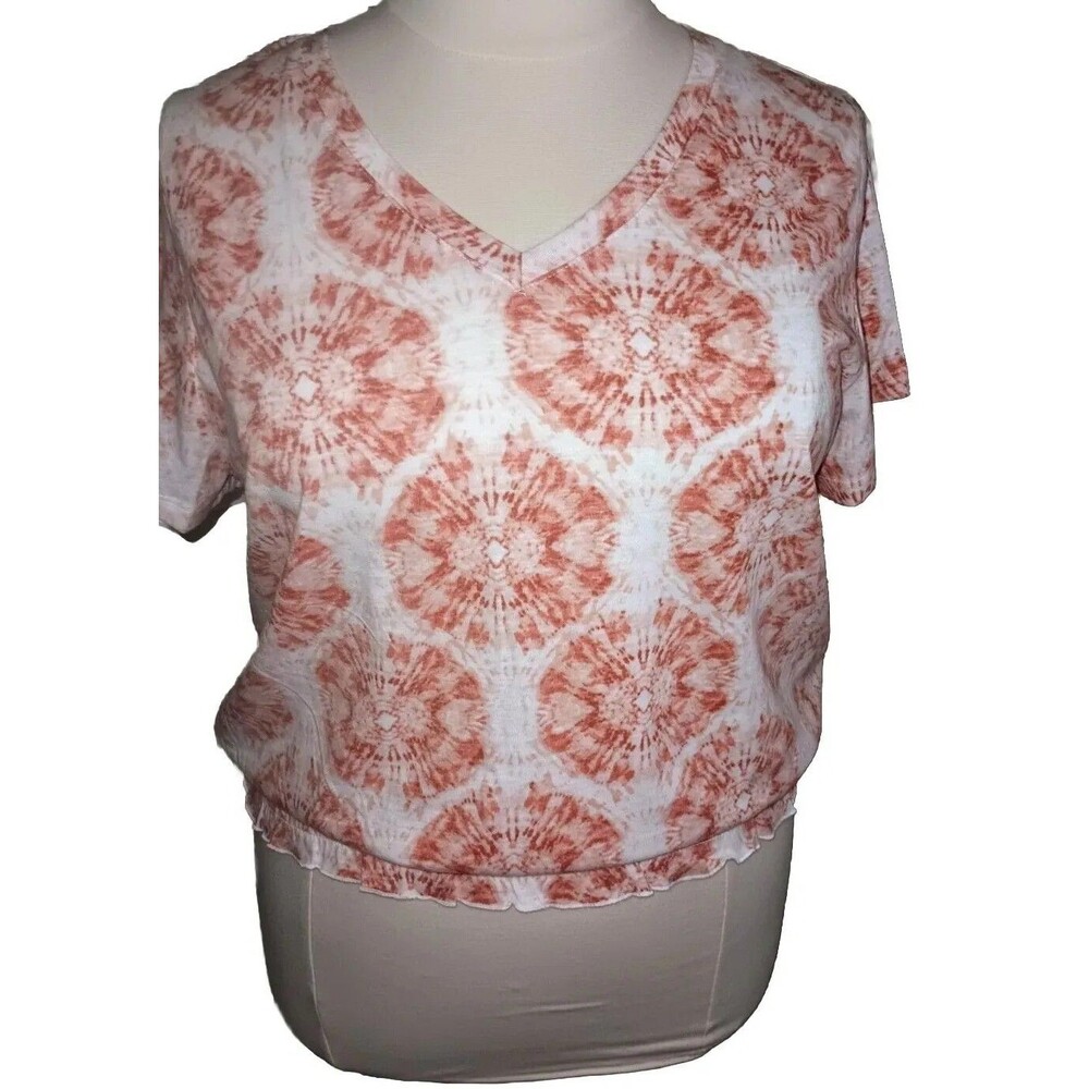 NWT FALLS CREEK Womens 2X Hippie Tie Dye Print Boho Short Sleeve Top Orange Flaw